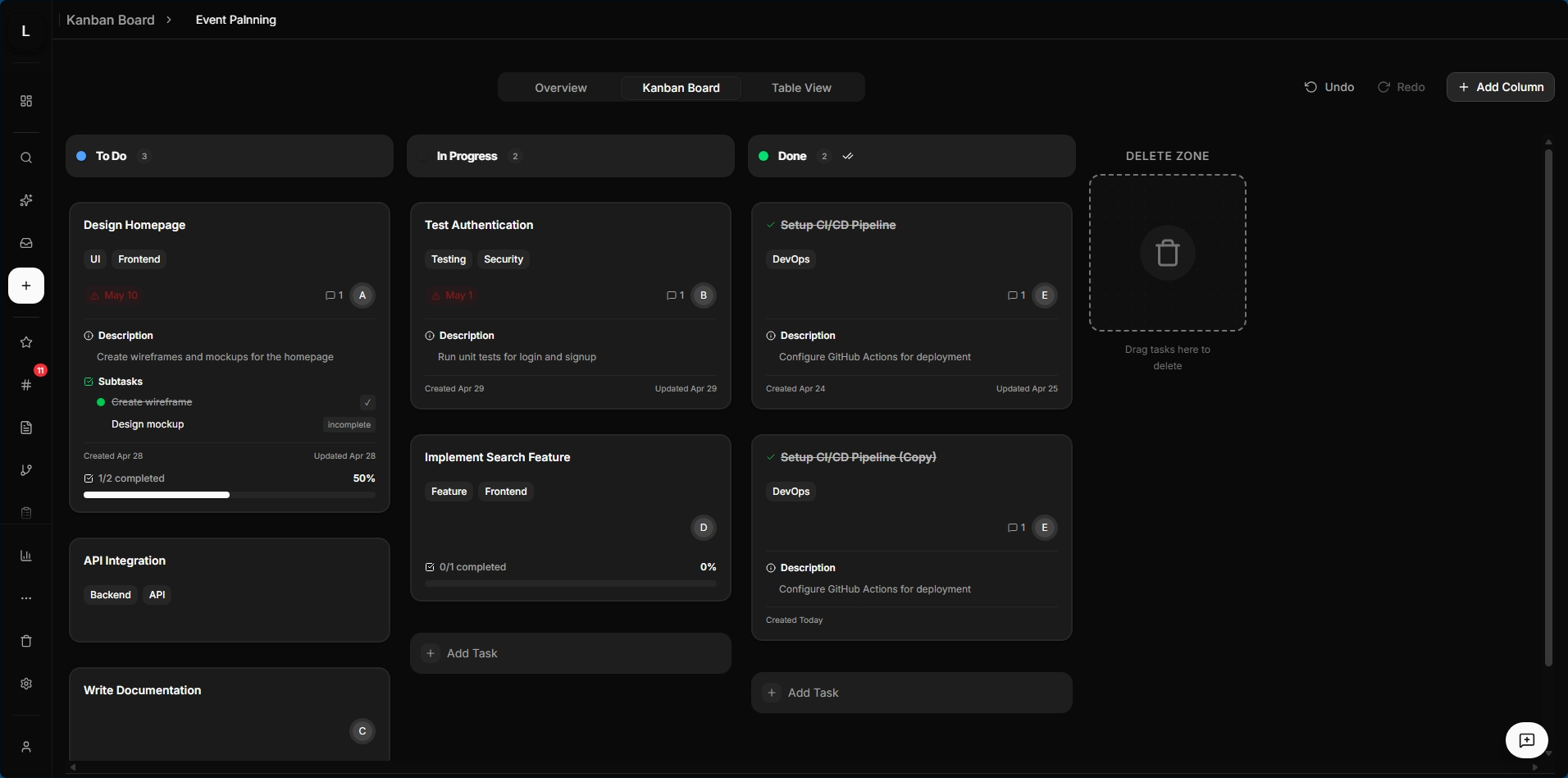 Kanban board interface